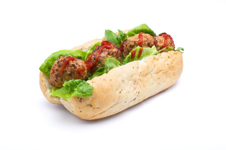 Meatball Sub Sandwich from low perspective isolated on white.の写真素材