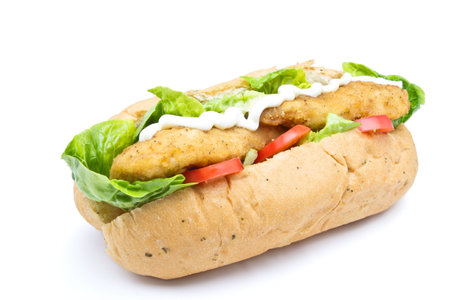 Fried Chicken Sub sandwich from low perspective isolated on white.の写真素材
