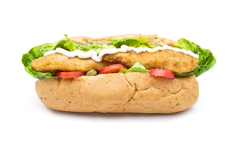 Fried Chicken Sub sandwich from low perspective isolated on white.の写真素材