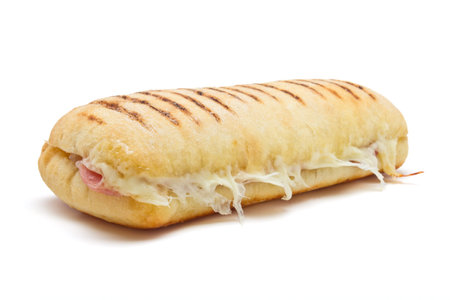 bacon and cheese panini from low perspective isolated on white.の写真素材