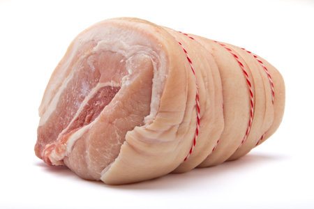 A joint of rolled belly pork trussed up with stripey string.の写真素材