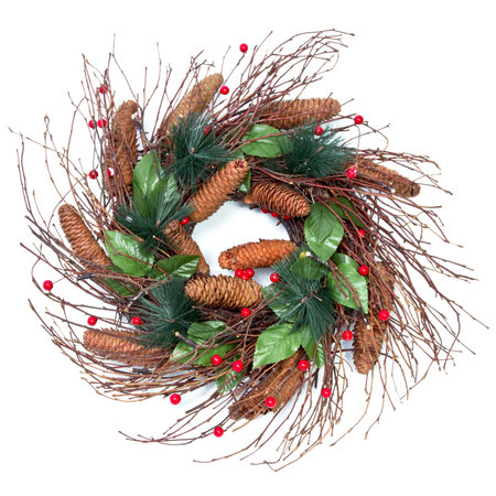 Artificial Christmas wreath with led lights on white background.の写真素材