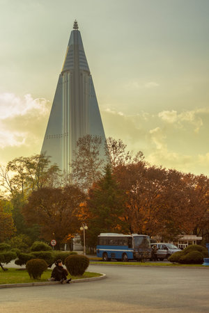 Pyongyang / DPR Korea - November 12, 2015: Ryugyong hotel is an unfinished 105 story, 330 meter tall...