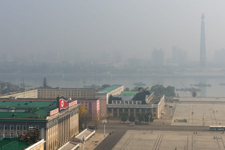 Pyongyang / DPR Korea - November 10, 2015: Aerial view of Kim Il-sung square and Juche tower across...
