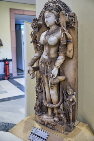 New Delhi / India - September 26, 2019: 12th century statue of Saraswati, Hindu goddess of knowledge...