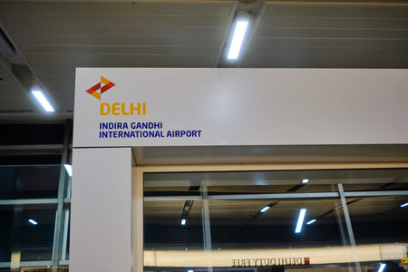 New Delhi / India - October 12, 2019: Logo of the Indira Gandhi International Airport on a departure...