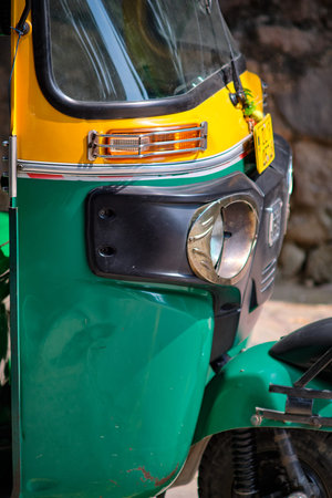 New Delhi / India - September 22, 2019: Front of the Tuk Tuk in the street in New Delhi, India