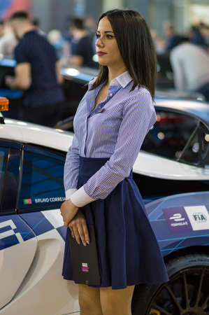 Belgrade / Serbia - March 23, 2019: Beautiful hostess girl at the Belgrade Car and Motor Show in Belgrade, Serbiaのeditorial素材