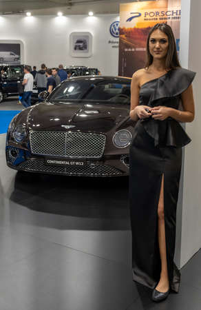 Belgrade / Serbia - March 23, 2019: Beautiful hostess girl at the Belgrade Car and Motor Show in Belgrade, Serbiaのeditorial素材