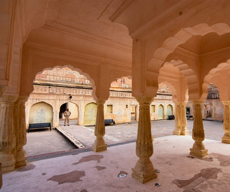Jaipur, Rajasthan / India - September 28, 2019: Indian soldier stands guard at Palace of Raja Man Singh in the Amer Fort in Jaipur, Rajasthan, Indiaのeditorial素材