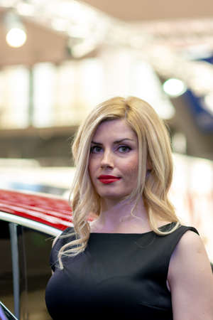 Belgrade / Serbia - March 25, 2017: Beautiful hostess girl at the Belgrade Car and Motor Show in Belgrade, Serbiaのeditorial素材