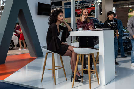 Belgrade / Serbia - March 23, 2019: Beautiful hostess girl at the Belgrade Car and Motor Show in Belgrade, Serbiaのeditorial素材