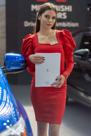 Belgrade / Serbia - March 23, 2019: Beautiful hostess girl at the Belgrade Car and Motor Show in Belgrade, Serbiaのeditorial素材