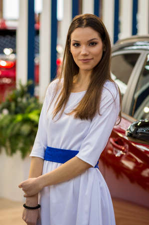 Belgrade / Serbia - March 23, 2019: Beautiful hostess girl at the Belgrade Car and Motor Show in Belgrade, Serbiaのeditorial素材