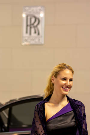 Belgrade / Serbia - March 25, 2017: Beautiful hostess girl at the Belgrade Car and Motor Show in Belgrade, Serbiaのeditorial素材