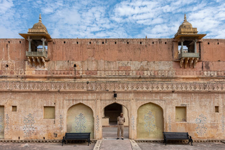 Jaipur, Rajasthan / India - September 28, 2019: Indian soldier stands guard at Palace of Raja Man...