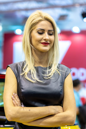 Belgrade / Serbia - March 25, 2017: Beautiful hostess girl at the Belgrade Car and Motor Show in...
