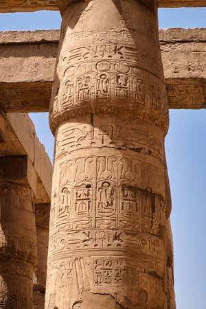 Massive pillars of the Great Hypostyle Hall in the Karnak temple complex (built about 1250 BC) in...