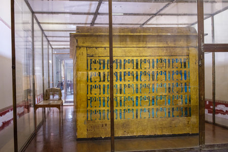 Cairo / Egypt - May 25th 2019: The outer golden shrine of famous Egyptian pharaoh Tutankhamun's...