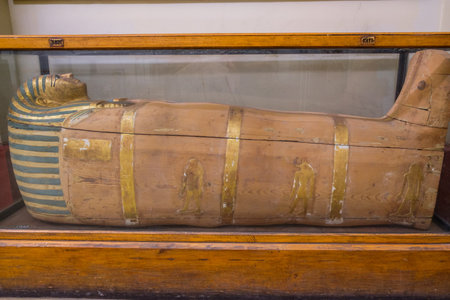 Cairo / Egypt - May 25, 2019: Ancient Egyptian sarcophagi and mummy caskets displayed in the Museum of Egyptian Antiquities (Egyptian Museum) in Cairo, capital of Egyptのeditorial素材