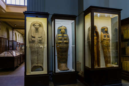 Cairo / Egypt - May 25, 2019: Ancient Egyptian sarcophagi and mummy caskets displayed in the Museum of Egyptian Antiquities (Egyptian Museum) in Cairo, capital of Egyptのeditorial素材