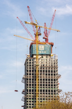 Beijing / China - April 3, 2016: Construction of high-rise skyscraper in Beijing, China