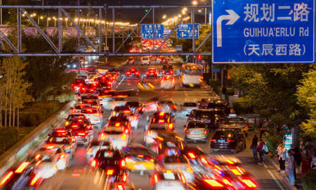 Beijing / China - September 25, 2015: Traffic in Guihua'erlu road exit in Beijing, China, at nightのeditorial素材