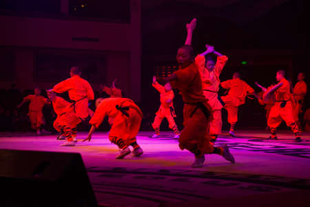 Shaolin, Luoyang, Henan Province / China - January 4 2016: Shaolin Kung Fu Demonstration by young apprentices at the Shaolin Temple in Luoyang, Chinaのeditorial素材