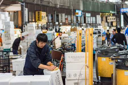 Tokyo / Japan - October 21, 2017: Tsukiji fish market in Tokyo, largest wholesale fish and seafood...