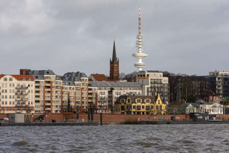 Hamburg / Germany - February 21, 2017: Panoramic view of Hamburg cityscape dominated by the Hamburg Television Tower, and the Elbe River in Hamburg, Germanyのeditorial素材