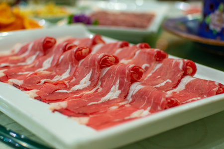 Thin slices of beef meat, ready to be cooked in hot pot, popular Chinese food dishの写真素材