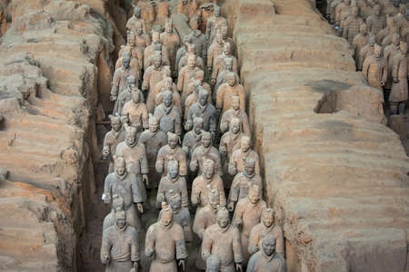 Terracotta Army, excavated terracotta sculptures depicting the armies of the first Emperor of unified China Qin Shi Huang at his burial place in Xian, Chinaのeditorial素材
