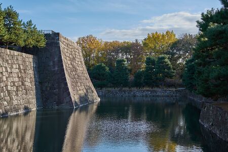Walls and water moat in the old Japanese Shogun residence of Nijo castle in Kyoto, Japanの写真素材