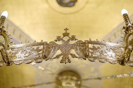 Belgrade / Serbia - June 9, 2019: Huge golden chandelier in the Crypt of the Church of Saint Sava,...