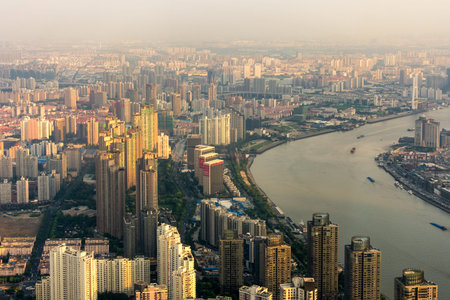 Aerial view of smoggy cityscape of Shanghai megapolis in China. Pollution in Shanghai, China