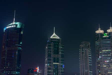 Shanghai / China - July 28th 2015: Night view of Shanghai skyscrapers in Pudong new area in Shanghai, Chinaのeditorial素材