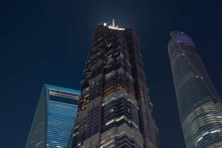 Shanghai / China - July 28th 2015: Night view of Shanghai skyscrapers in Pudong new area in Shanghai, Chinaのeditorial素材