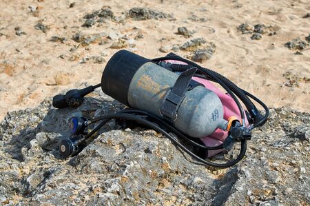 Diving cylinder used to store and transport the high pressure breathing gas required for scuba diving. Diving equipment.の写真素材