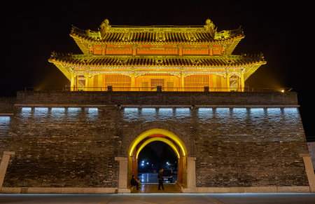 Qufu, Shandong Province / China - October 13th 2018: Night view of Qufu Drum tower in old city of...