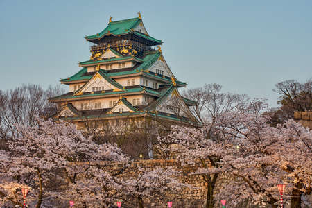 Beautiful Osaka castle with blooming cherry blossoms in Sakura spring season in Osaka, Japanのeditorial素材