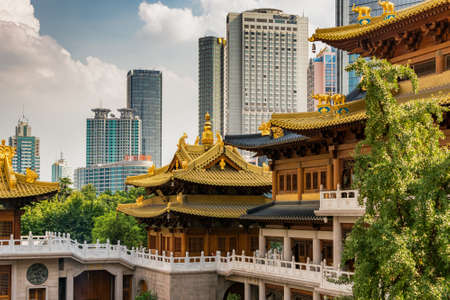 Shanghai / China - July 28, 2015: Historic Buddhist temple complex of Jingan Temple on the West Nanjing Road in downtown Shanghai, Chinaのeditorial素材