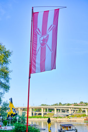Belgrade / Serbia - July 22, 2019: Red Star Belgrade Rowing Club Flag at a training center at Ada...