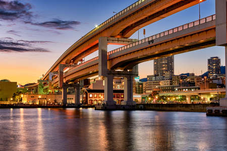 Kobe / Japan - October 8, 2017: Kobe port at sunset, bridge connecting artificial islands in Kobe portのeditorial素材
