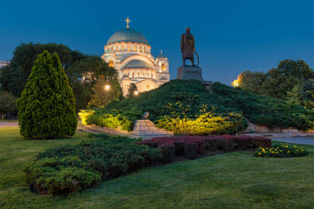 Night view of the Saint Sava church on the Vracar hill in Belgrade, Serbia, one of the world's biggest Orthodox Christian templesの写真素材