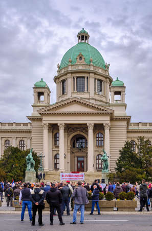 Belgrade / Serbia - March 1, 2020: Protest of Serbian army war veterans in front of the National Assembly of the Republic of Serbia in Belgradeのeditorial素材