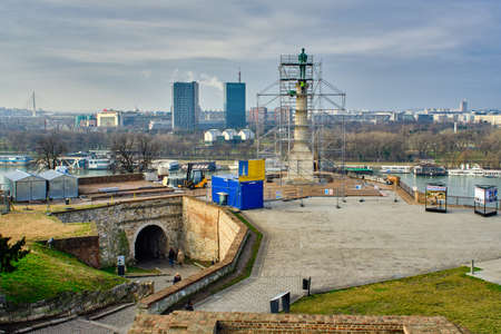 Belgrade / Serbia - February 15, 2020: Reconstruction of the Victor monument, a symbol of Belgrade, commemorating Allied victory in the First World War, Plateau on Belgrade fortress (Kalemegdan)のeditorial素材