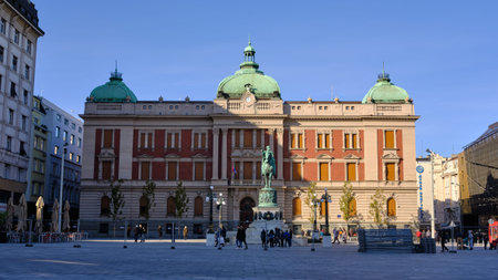 Belgrade / Serbia - November 30, 2019: Statue of Prince Mihailo Obrenovic and National Museum of...
