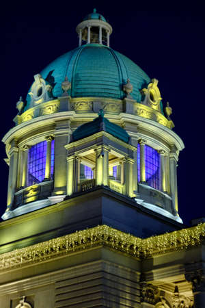 Night view of the National Assembly of the Republic of Serbia with New Year street lights decorations, Belgrade, Serbiaのeditorial素材