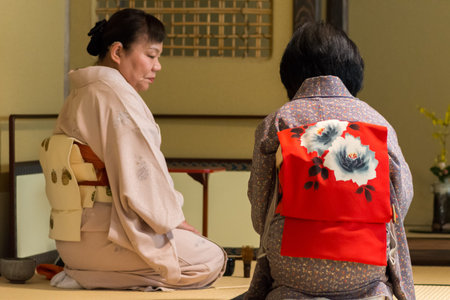Sakai, Osaka / Japan - February 16, 2018: Japanese tea ceremony masters during ceremonial...