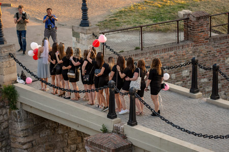 Belgrade / Serbia - June 1, 2018: Happy bridesmaids posing for a photo at Belgrade fortress...